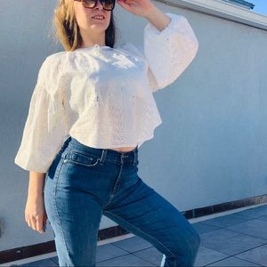 UO Victorian Puff Bishop Statement Sleeve Floral Pattern Pirate White Top Blouse